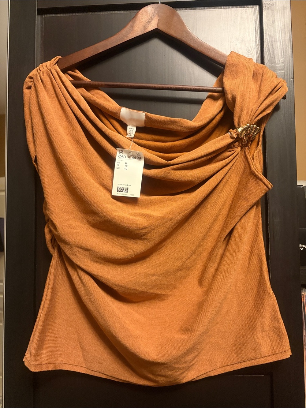H&M Rust Draped One-Shoulder Top with Gold Accent